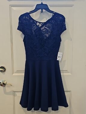 B. Smart Navy Blue Lace Fit-and-Flare Mini Dress